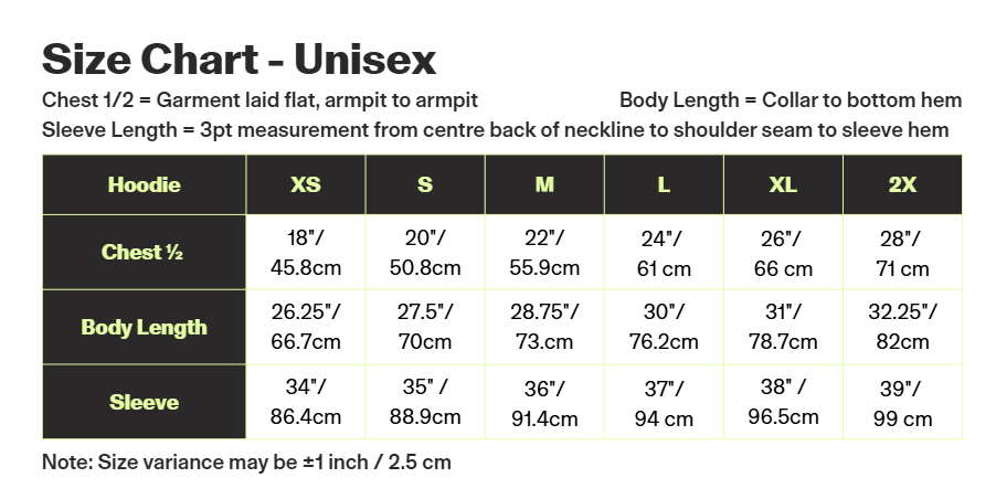 Adventure Awaits - BC Parks Foundation Hoodie size chart