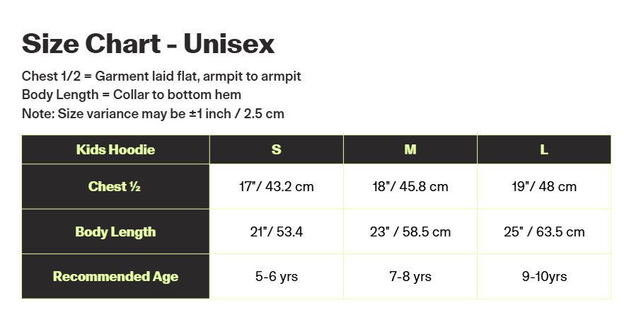 Happy Camper Kids Hoodie - BC Parks Foundation size chart