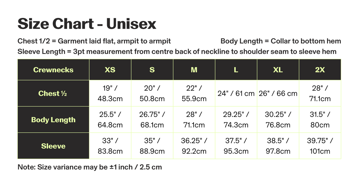 BC Wildflower Crewneck Sweater size chart