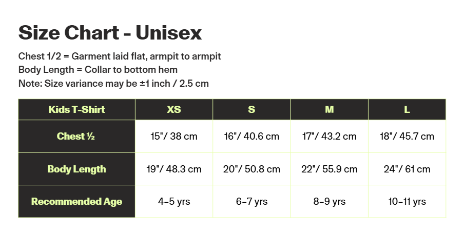 Happy Hiker Kids T-Shirt - BC Parks Foundation size chart