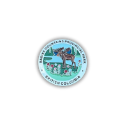 A circular enamel-style sticker or pin featuring the Babine Mountains Provincial Park logo from British Columbia, with a moose, trees, flowers, and light blue border text.