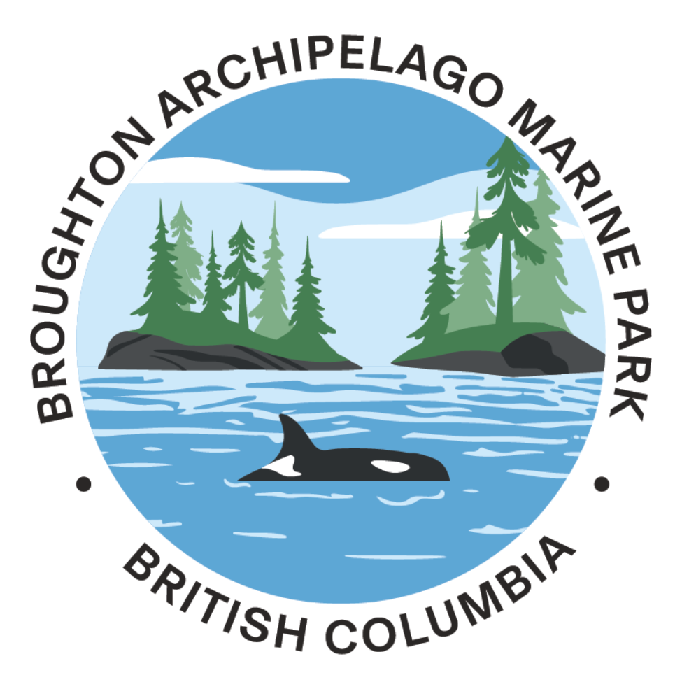 Logo of Broughton Archipelago Marine Park in British Columbia featuring a whale and trees.