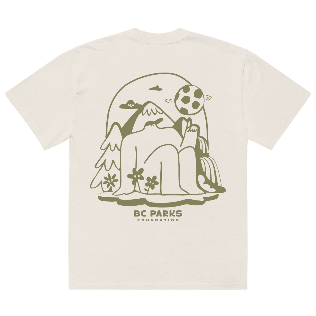 Beige t-shirt with nature-themed graphic and 'BC Parks Foundation' text on a white background