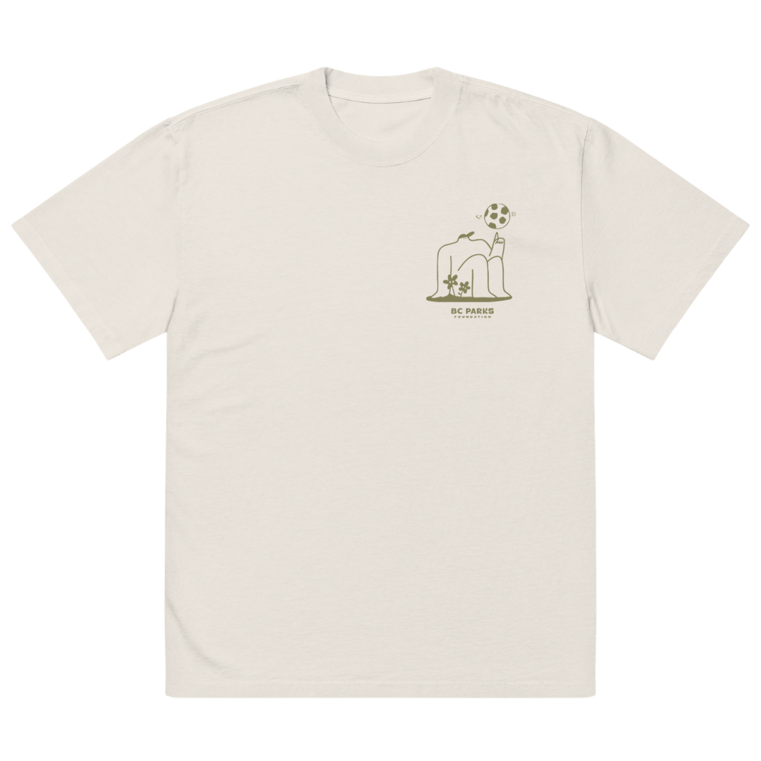 Beige t-shirt with a logo on the chest against a white background