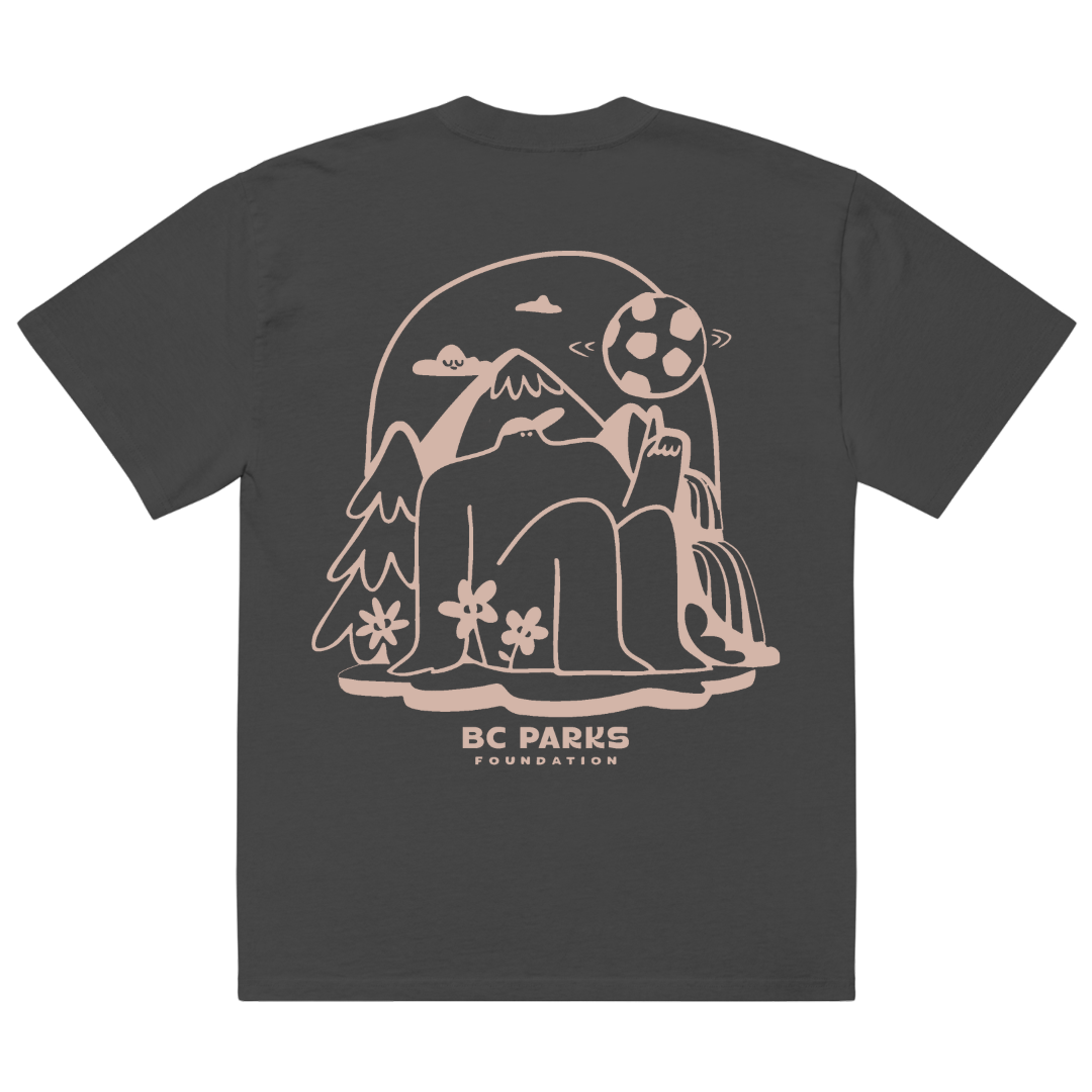 Black t-shirt with a nature-themed graphic and 'BC Parks Foundation' text on a white background