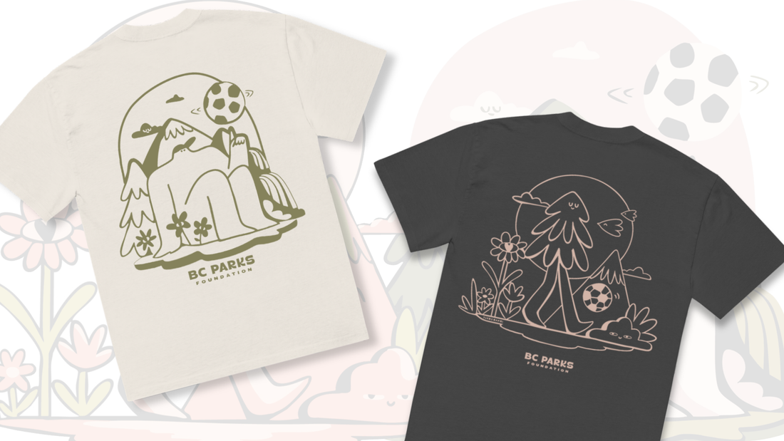 Two t-shirts with nature-themed designs and 'BC Parks' branding on a light background.