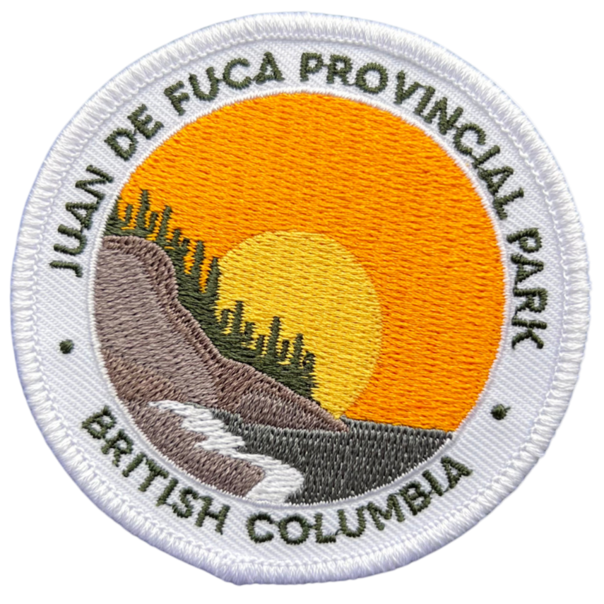 Embroidered patch of Juan de Fuca Provincial Park, British Columbia with a scenic design.