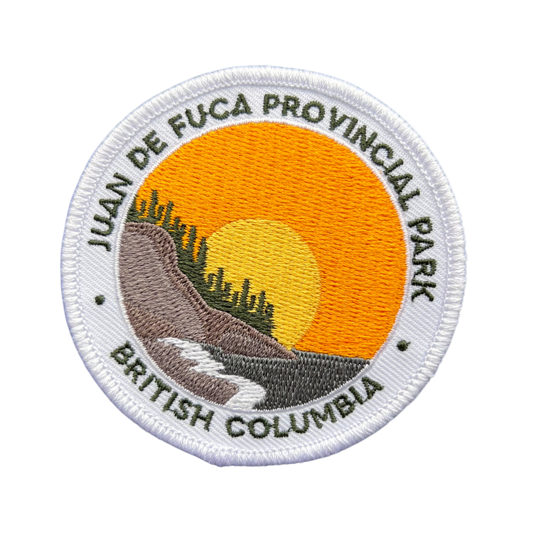 Embroidered patch of Juan de Fuca Provincial Park, British Columbia with a scenic design.