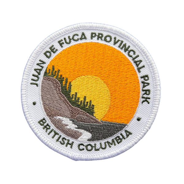 Embroidered patch of Juan de Fuca Provincial Park, British Columbia with a scenic design.