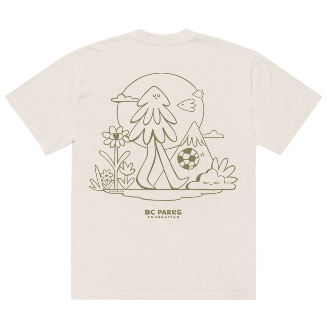 Beige t-shirt with nature-themed design and 'BC Parks' text on a white background
