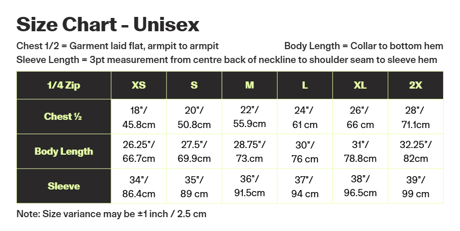 BC Wild Mushroom 1/4 Zip Sweater size chart