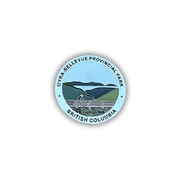 A circular sticker or badge featuring a stylized landscape of Myra-Bellevue Provincial Park in British Columbia, with a cyclist on a road running through green hills and blue mountains under a light blue sky. The text 'MYRA-BELLEVUE PROVINCIAL PARK' and 'BRITISH COLUMBIA' is printed around the border.