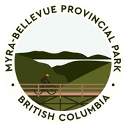 Logo of Myra-Bellevue Provincial Park in British Columbia with a cyclist on a bridge.