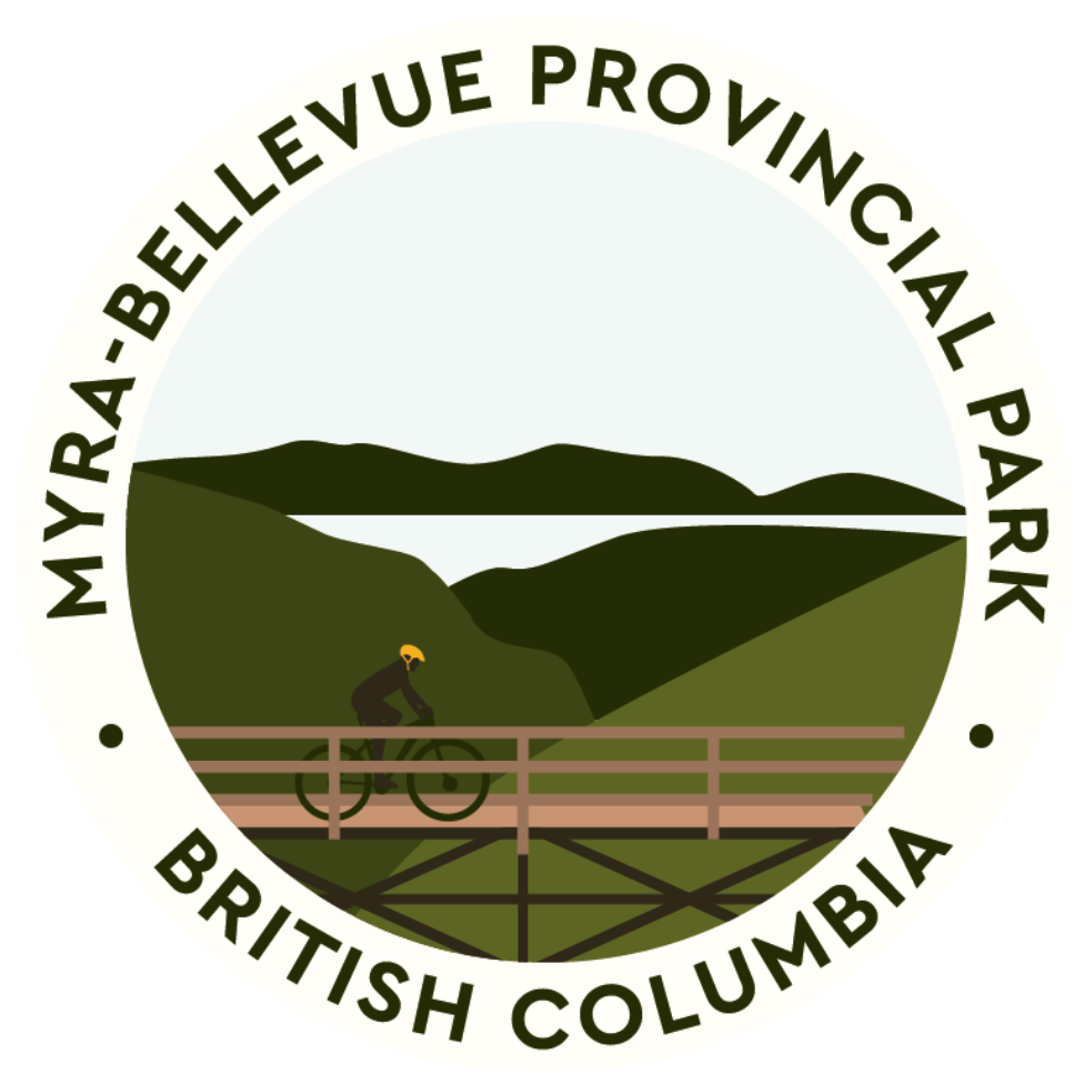 Logo of Myra-Bellevue Provincial Park in British Columbia with a cyclist on a bridge.