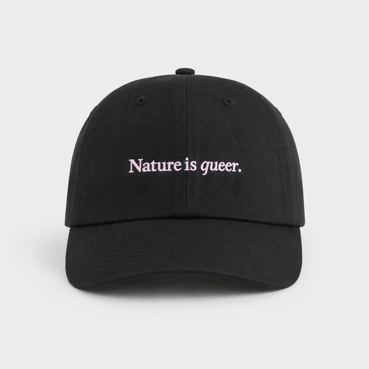 A black baseball cap with the phrase 'Nature is queer.' embroidered in white serif text across the front, shown against a light gray background.