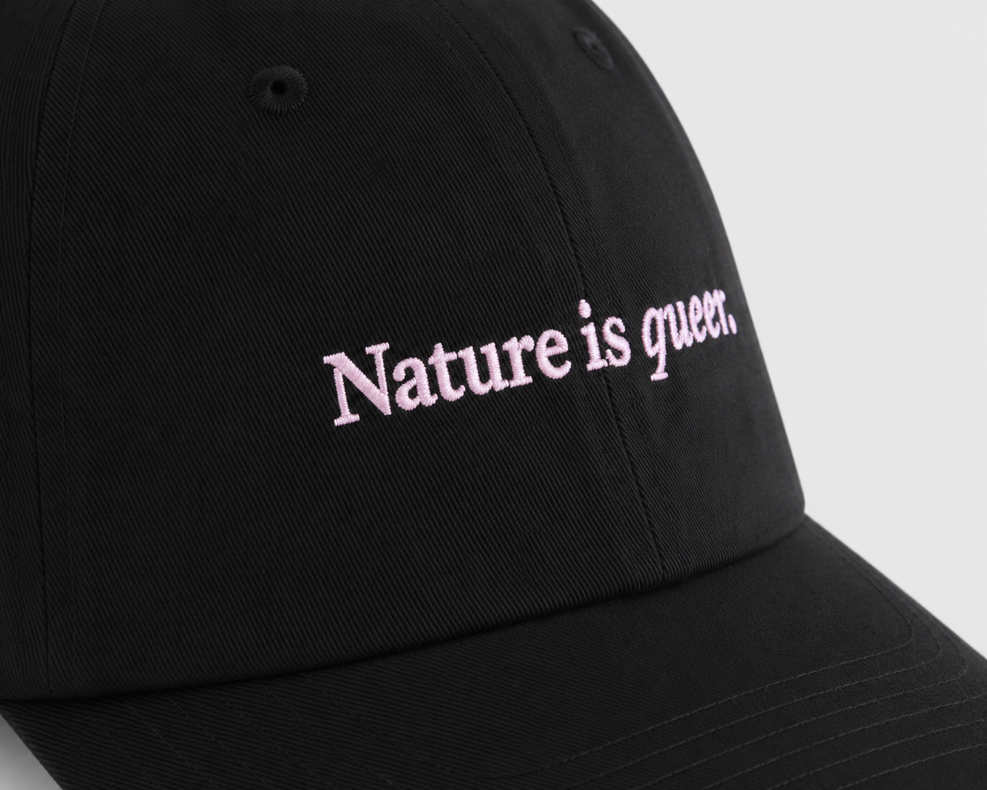 A close-up of a black baseball cap featuring the phrase 'Nature is queer.' embroidered in light pink script across the front panel, set against a plain light gray background.
