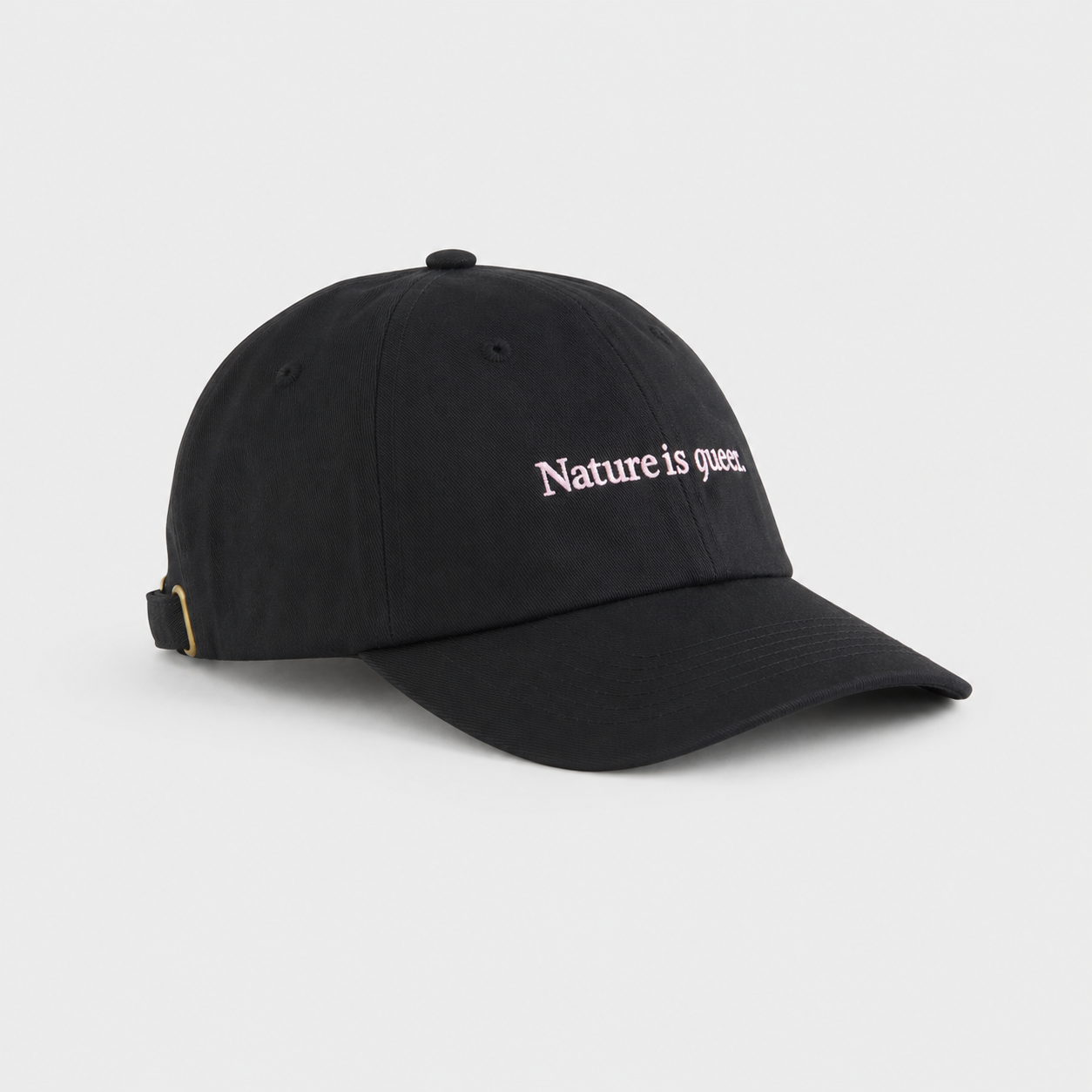 A black baseball cap with the phrase 'Nature is great.' embroidered in light pink on the front, shown against a light gray background.