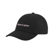 Black "Nature is queer." embroidered baseball cap shown at a right three-quarter angle.