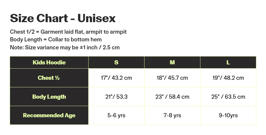 Happy Hiker Kids Hoodie - BC Parks Foundation size chart